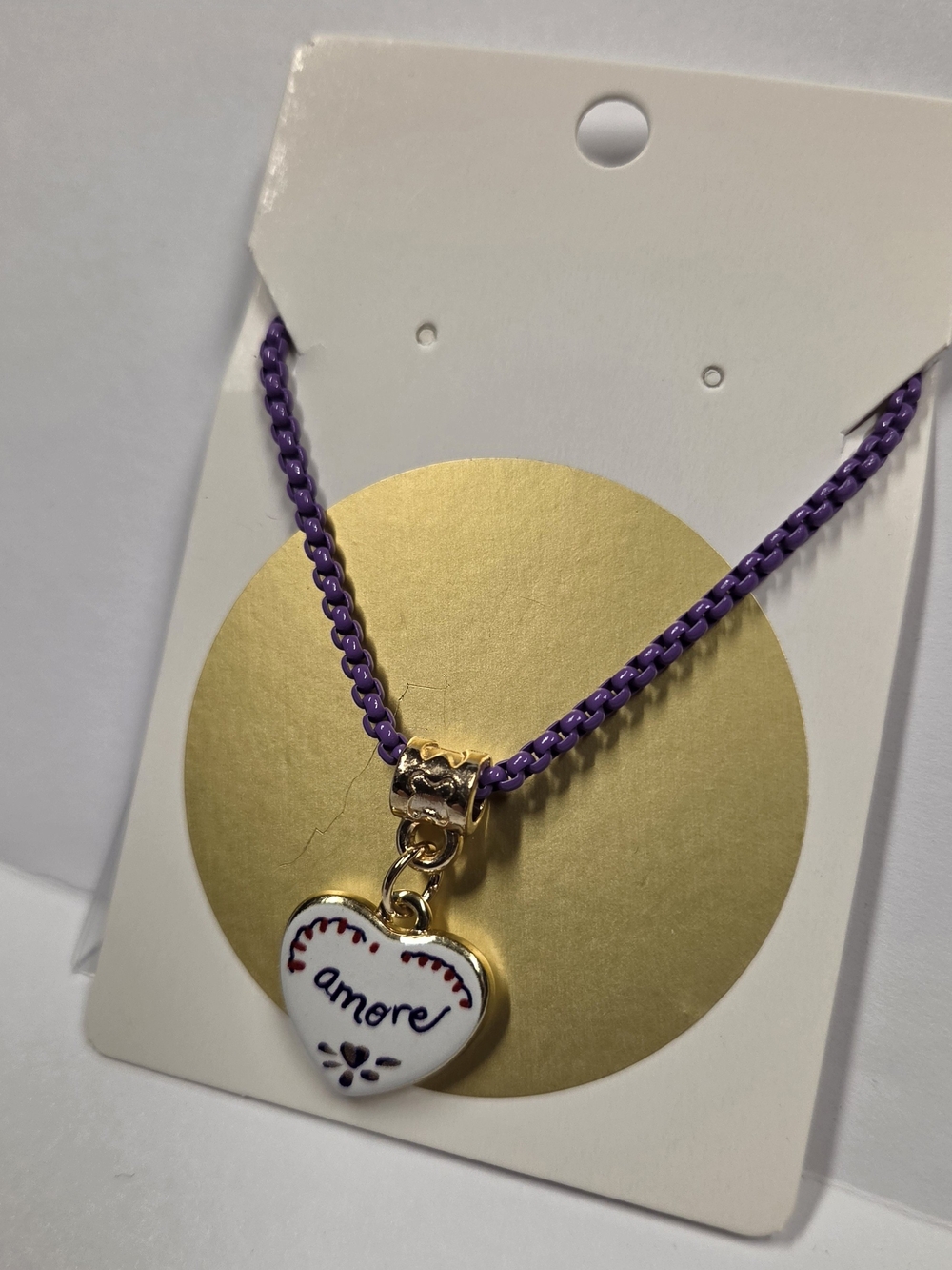 Purple Chain Heart Pendant Necklace with 'Amore' Script